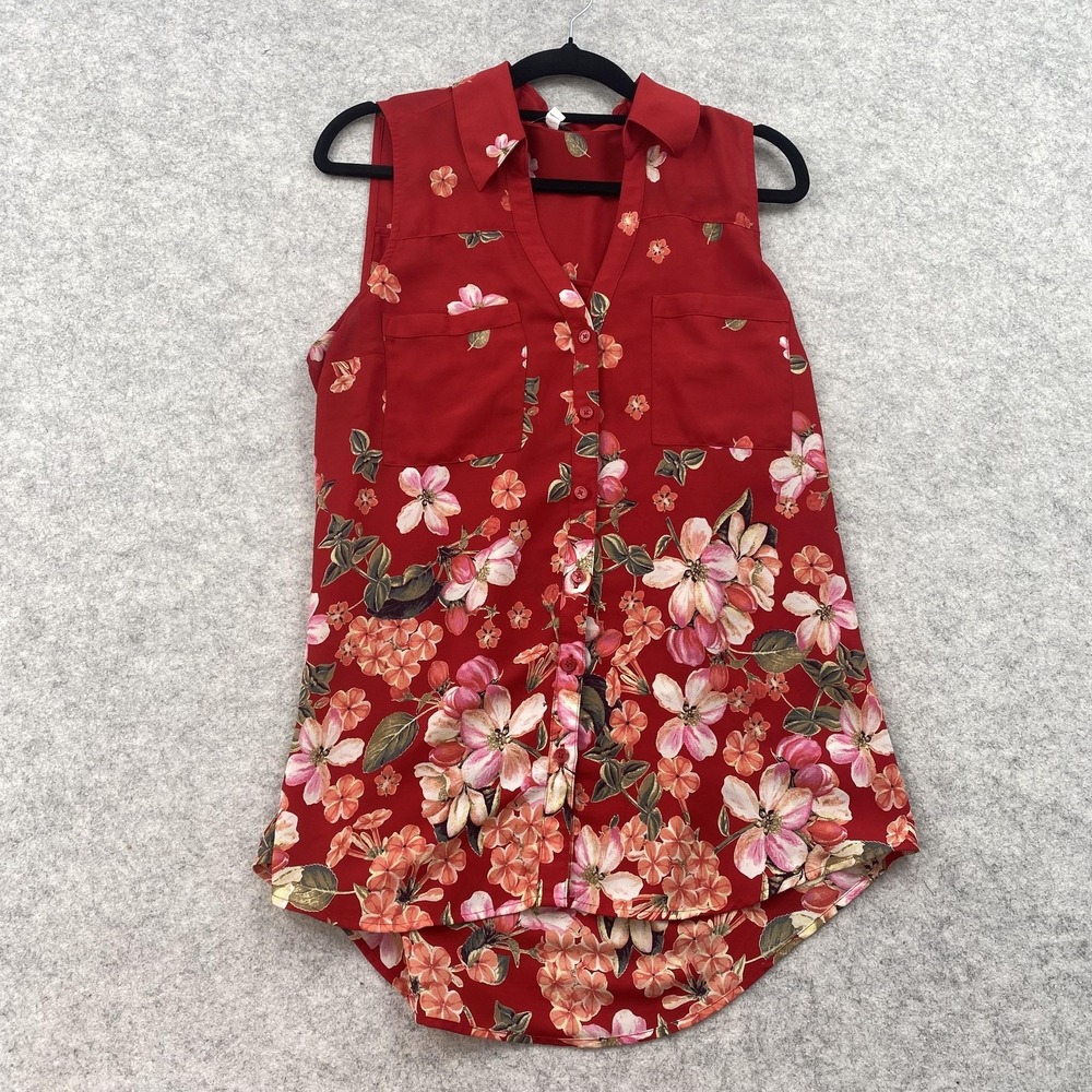Express Shirt Womens M Red Floral Portofino Sleeveless Button Up Tunic